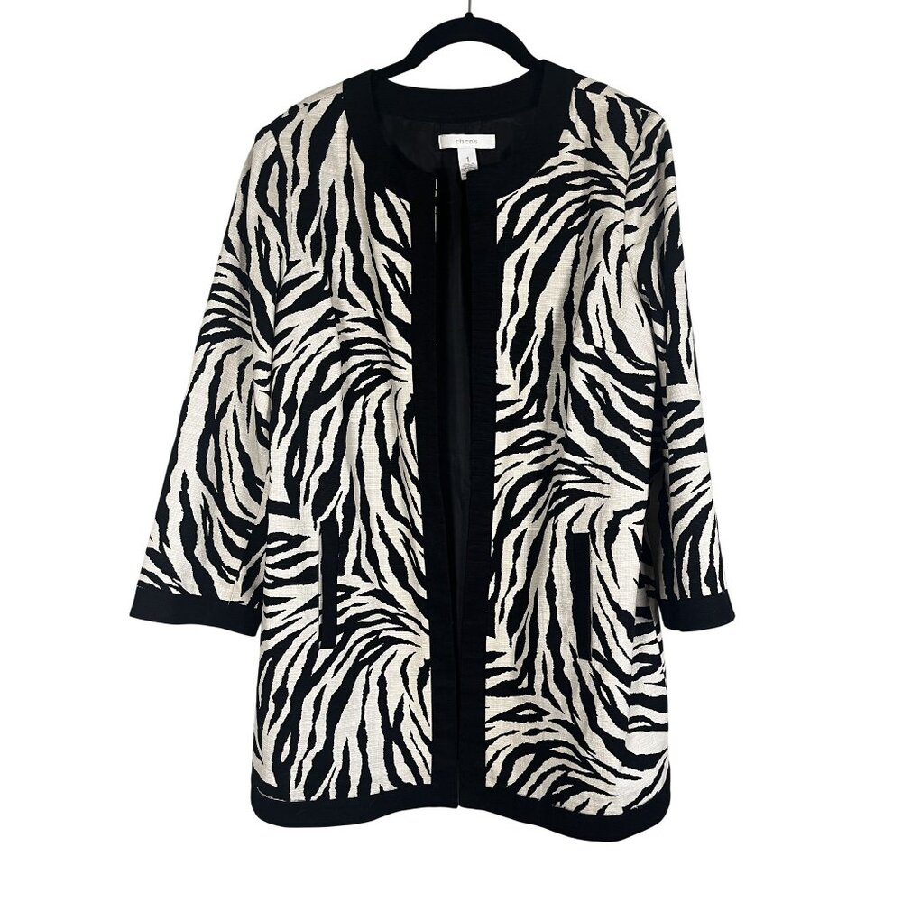 Chicos Animal Print‎ Blazer Tan M Neutral Preppy Resort Classic Zebra
